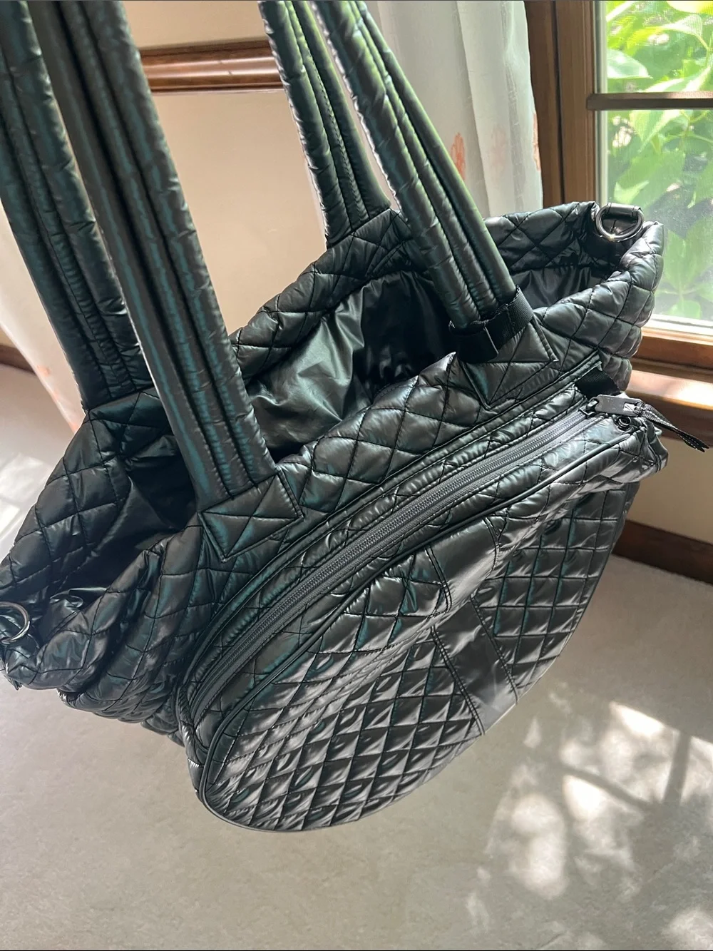 Oliver Thomas Quilted Black Tote Tennis Bag with Detachable Strap and Pouch.